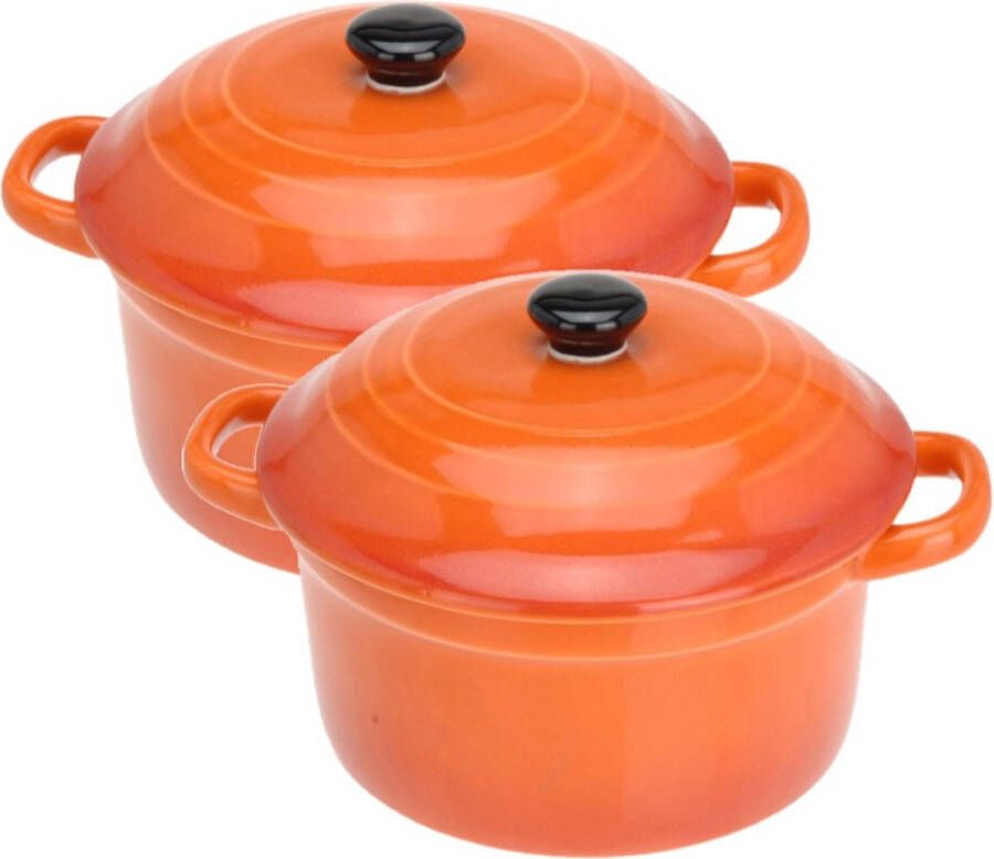 Excellent Houseware Set van 2x stuks mini stoofpannetjes ovenschaaltjes met deksel oranje 9 cm Tapaspannetjes Serveerpannetjes