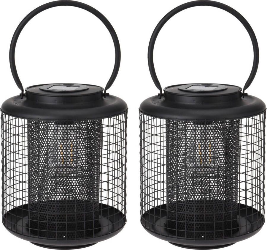 Excellent Houseware Set van 2x stuks zwarte ronde solar LED lantaarns 22 cm Tuinverlichting Tuinlampen Solarlampen op zonne-energie