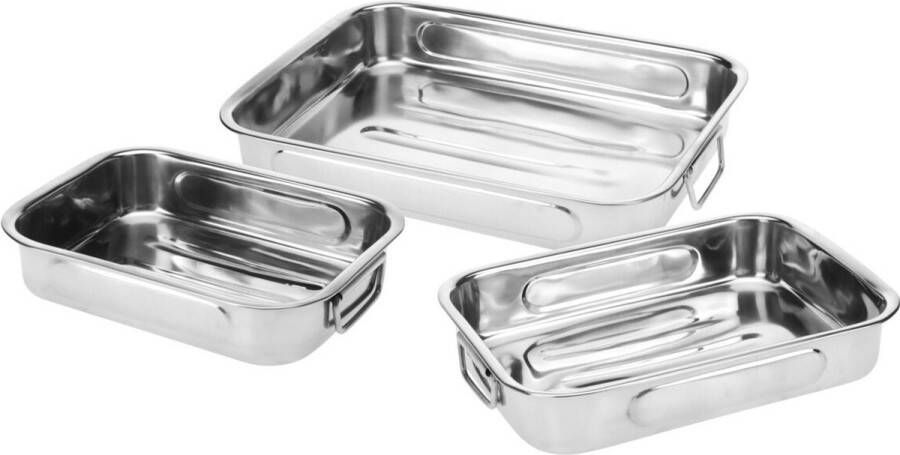 Excellent Houseware Braadsledes ovenschalen set van 3x stuks rvs metaal zilver Vlees braden Braadpan