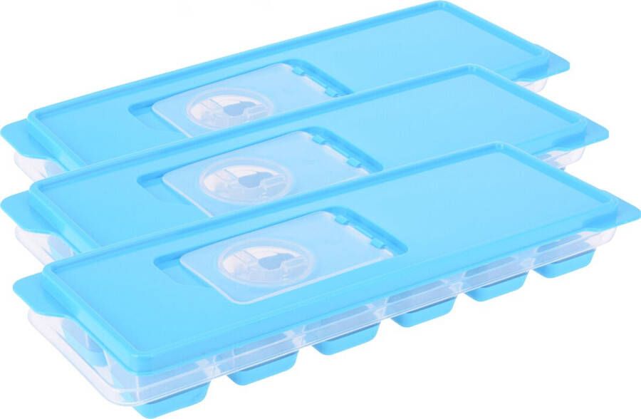 Excellent Houseware Set van 3x stuks trays met ijsklontjes ijsblokjes vormpjes 12 vakjes kunststof blauw met afsluitdeks IJsblokjesvormen