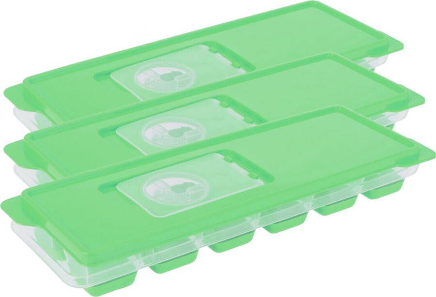 Excellent Houseware Set van 3x stuks trays met ijsklontjes ijsblokjes vormpjes 12 vakjes kunststof groen met afsluitdeks IJsblokjesvormen