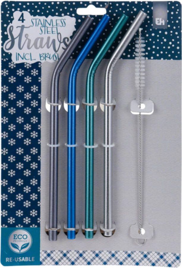 Excellent Houseware set van 4 RVS rietjes met knik en borsteltje blauwtinten