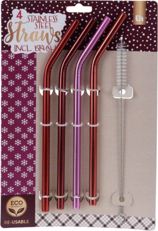 Excellent Houseware set van 4 RVS rietjes met knik en borsteltje roodtinten