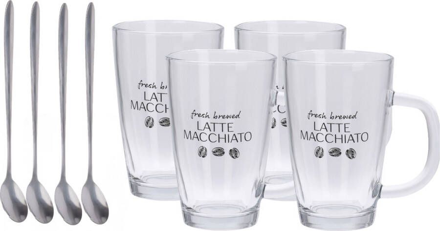 Excellent Houseware Set van 4x latte Macchiato glazen inclusief lepels 300 ml Koffie glazen Cappuccino glazen