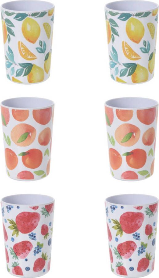 Excellent Houseware Set van 6 melamine bekers zomers fruit 370 ml 2 x bosvruchten 2 x sinaasappels en 2 x citroenen