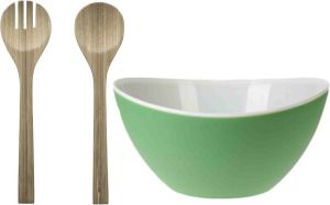Excellent Houseware Slakom schaal met bamboe slacouvert Kunststof D25 cm Saladeschalen
