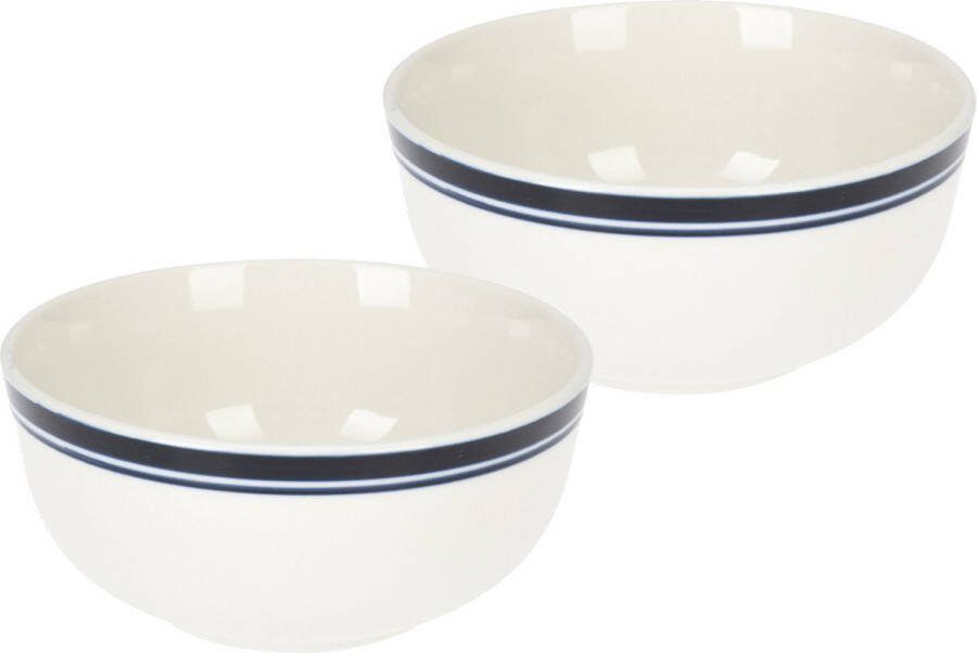 Excellent Houseware Soepkommen serveer schaaltjes 2x Bologna porselein D13 x H7.5 cm wit blauw stapelbaar
