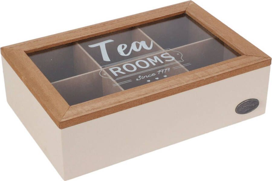 Excellent Houseware Theedoos 6-vaks beige bruin hout 24 x 16 x 7 cm theekist voor thuis glazen deksel