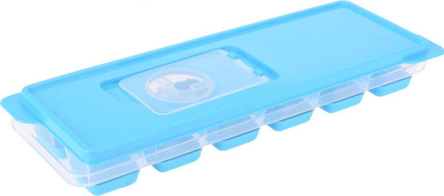 Excellent Houseware Tray met ijsklontjes ijsblokjes vormpjes 12 vakjes kunststof blauw met afsluitdeksel IJsblokjesvormen