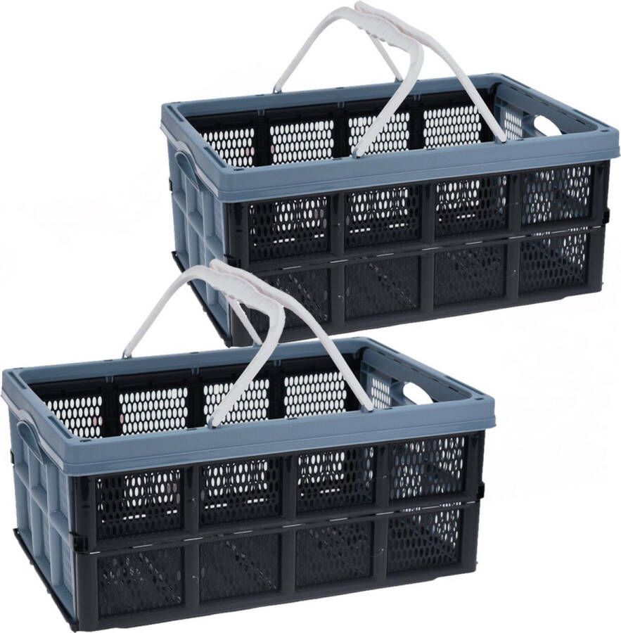 Excellent Houseware Vouwkrat boodschappenkrat 2x 32 liter zwart blauw kunststof 48 x 35 x 24 cm