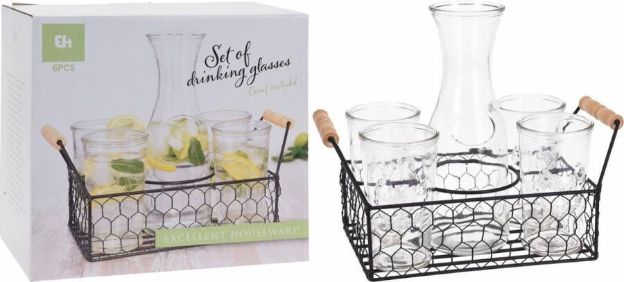 Excellent Houseware Waterglazen en karaf met houder 6 delig