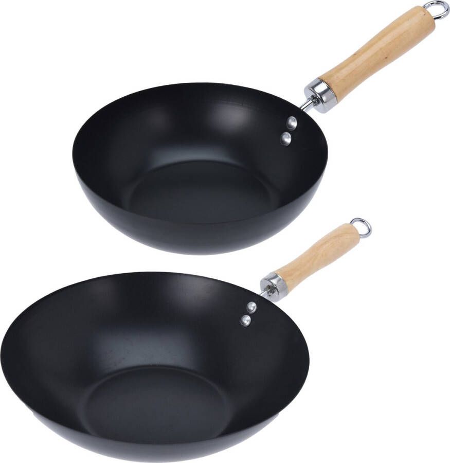 Excellent Houseware Wok hapjes bak pannen 2x stuks met antiaanbaklaag staal D20 en D30 cm Koekenpannen