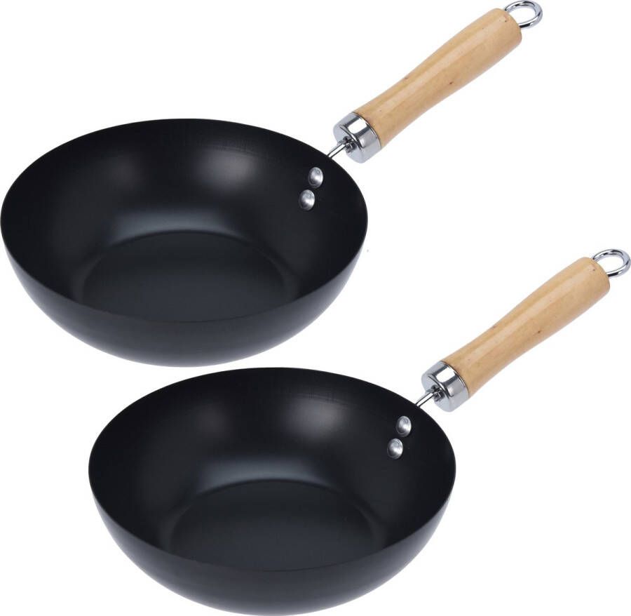 Excellent Houseware Wok hapjes bak pannetje met antiaanbaklaag 2x stuks staal D20 cm Koekenpannen