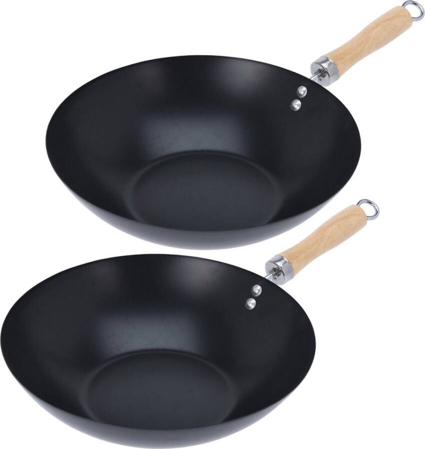 Excellent Houseware Wok hapjes bak pan 2x stuks met antiaanbaklaag staal D30 cm Koekenpannen