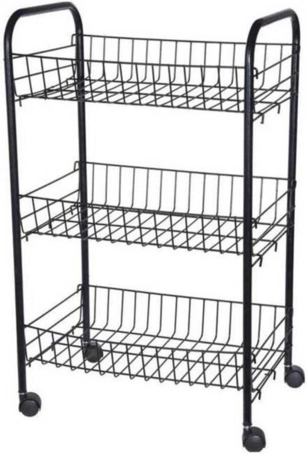 Excellent Houseware Zwarte keuken trolley met manden 39 x 23 x 64 cm Opberg trolley