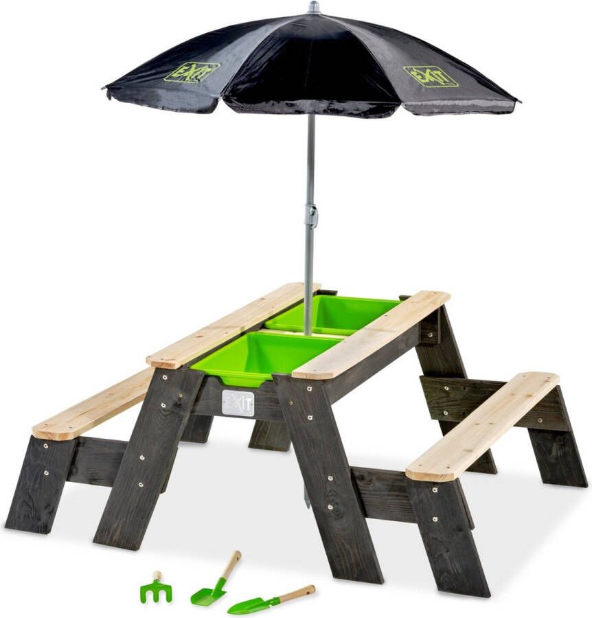 EXIT Aksent zand- water- en picknicktafel (2 bankjes) met parasol en tuingereedschap