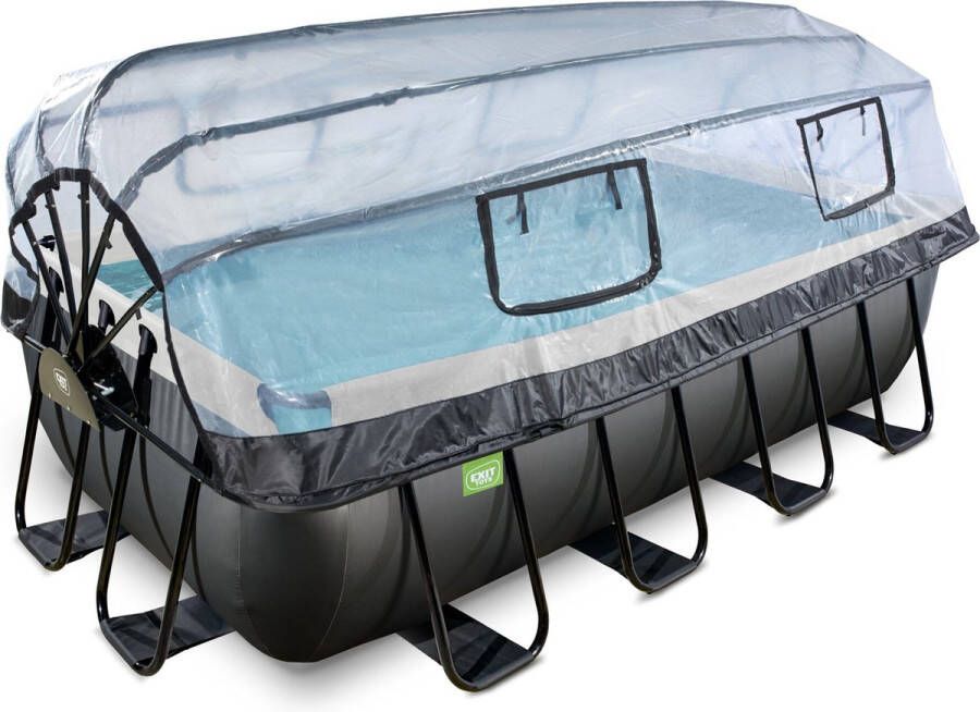 EXIT Toys Exit Black Leather Zwembad 400x200x100cm Met Zandfilterpomp En Overkapping En Warmtepomp Zwart