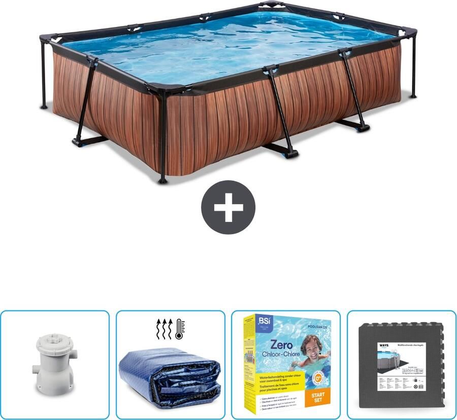 EXIT Rechthoekig Wood Frame Zwembad 300 x 200 x 65 cm Inclusief Pomp Solarzeil Onderhoudspakket Vloertegels Nu extra voordelig