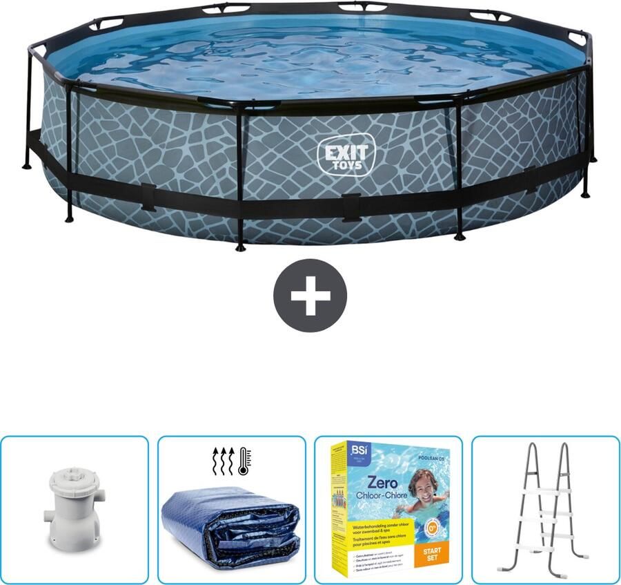 EXIT Rond Stone Frame Zwembad 360 x 76 cm Inclusief Pomp Solarzeil Onderhoudspakket Ladder Nu extra voordelig