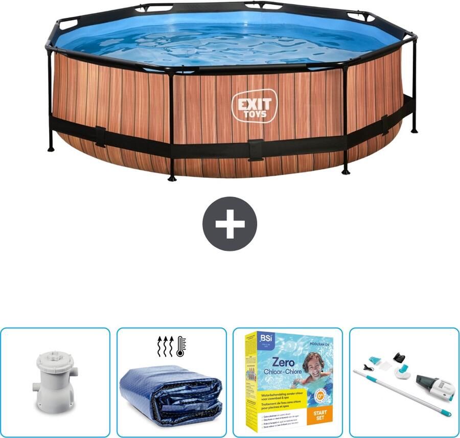 EXIT Rond Wood Frame Zwembad 300 x 76 cm Inclusief Pomp Solarzeil Onderhoudspakket Stofzuiger Nu extra voordelig