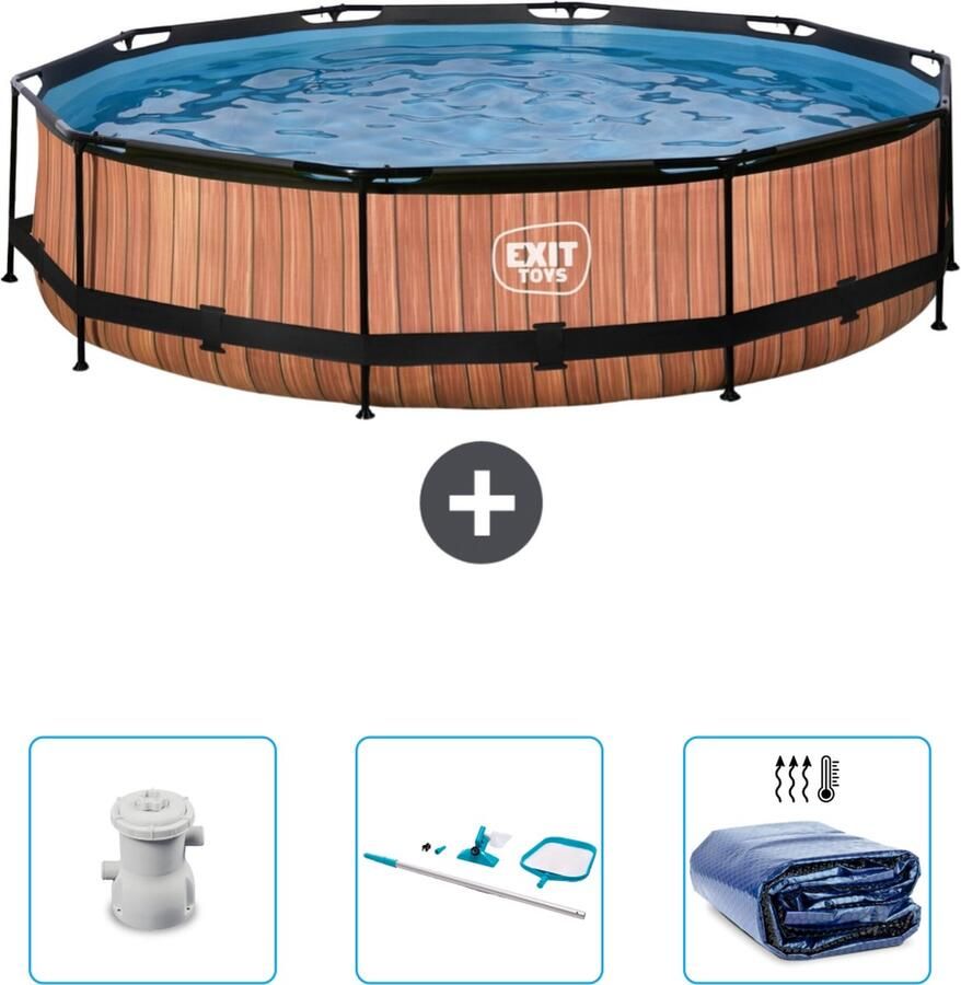 EXIT Rond Wood Frame Zwembad 360 x 76 cm Inclusief Pomp Schoonmaakset Solarzeil Nu extra voordelig