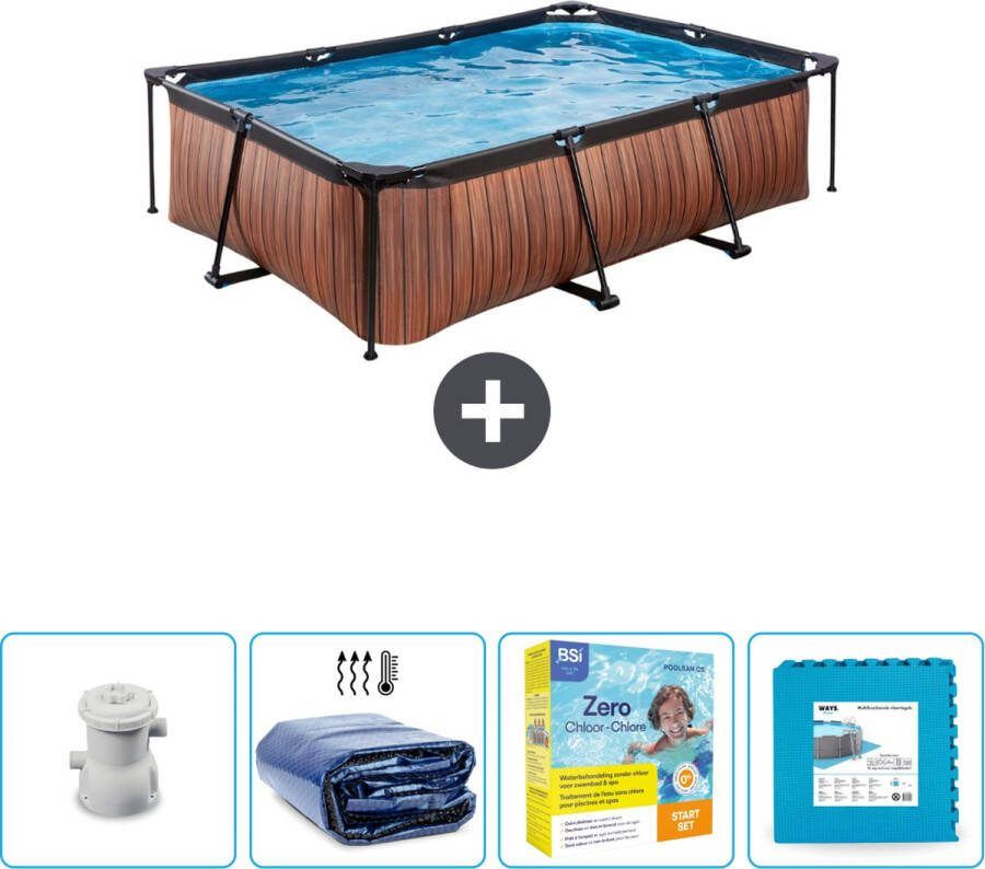 EXIT Rechthoekig Wood Frame Zwembad 220 x 150 x 65 cm Inclusief Pomp Solarzeil Onderhoudspakket Vloertegels Nu extra voordelig