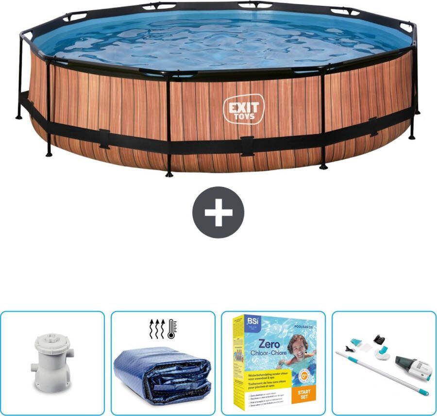 EXIT Rond Wood Frame Zwembad 360 x 76 cm Inclusief Pomp Solarzeil Onderhoudspakket Stofzuiger Nu extra voordelig