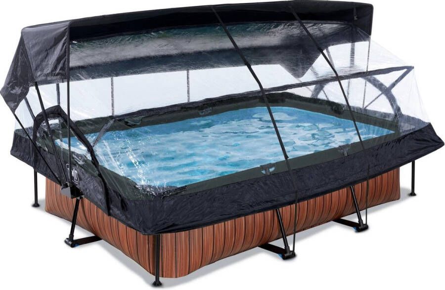 EXIT Toys EXIT Wood zwembad 220x150x65cm met filterpomp en overkapping en schaduwdoek bruin