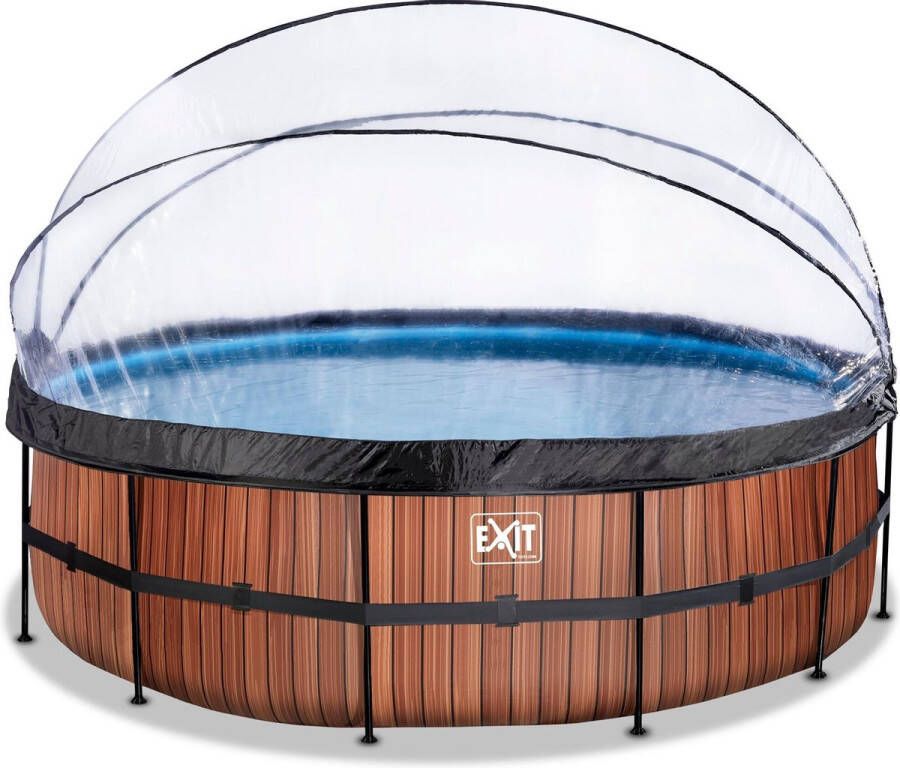 EXIT Wood zwembad ø488x122cm met zandfilterpomp en overkapping en warmtepomp bruin