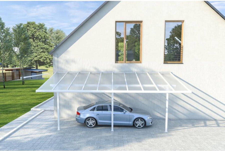 EXPERTLAND Aanleunende carport in aluminium 18 8 m² Wit ALVARO L 618 cm x H 285 cm x D 305 cm