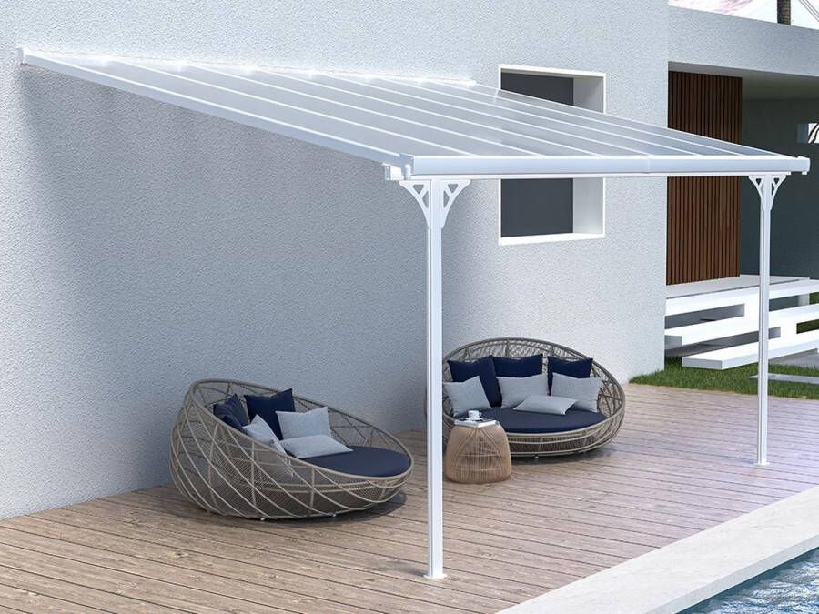 Vente-unique Aanleunende pergola in aluminium 13 2 m² Wit ALVARO L 436 cm x H 285 cm x D 305 cm