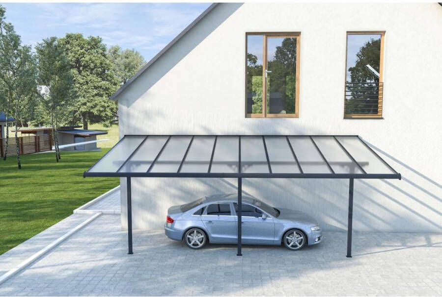 Vente-unique Aanleunende pergola in aluminium 18 8m² antraciet ALVARO L618xD305xH240 285 cm L 618 cm x H 285 cm x D 305 cm