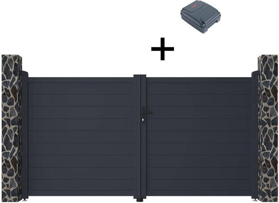 Vente-unique Gemotoriseerde draaipoort van aluminium antraciet L305 x 166cm NAZARIO L 300 cm x H 158 cm x D 4.6 cm