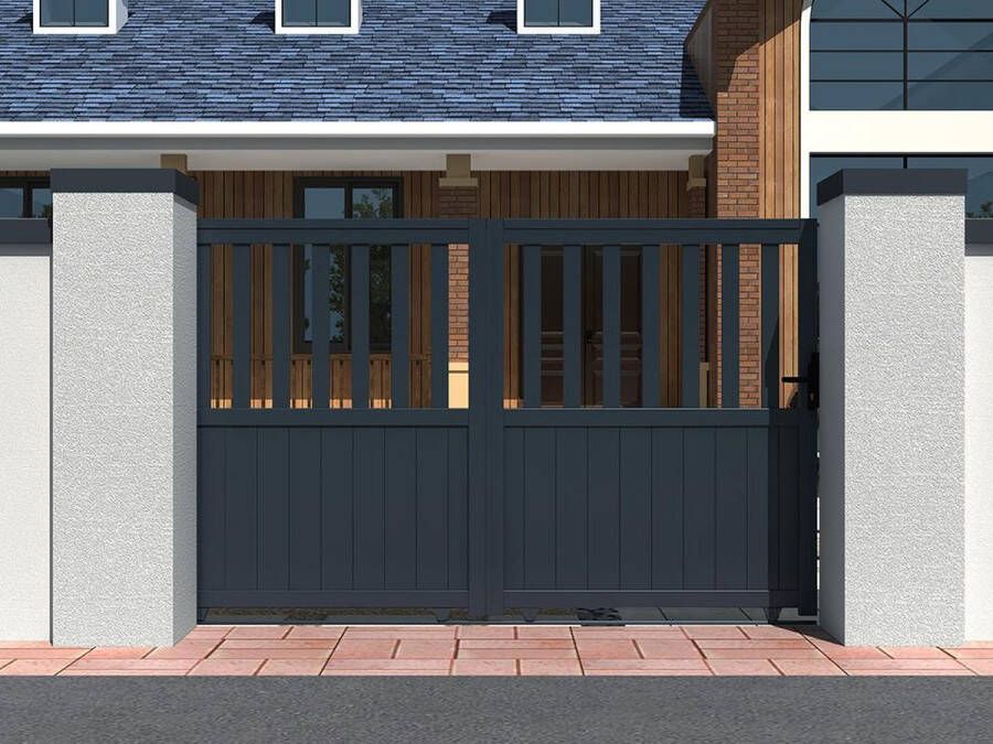 EXPERTLAND Schuivende half opengewerkte aluminium tuinpoort L314 x H140 cm donkergrijs in kit TARNOS II L 298.1 cm x H 140 cm x D 4.5 cm