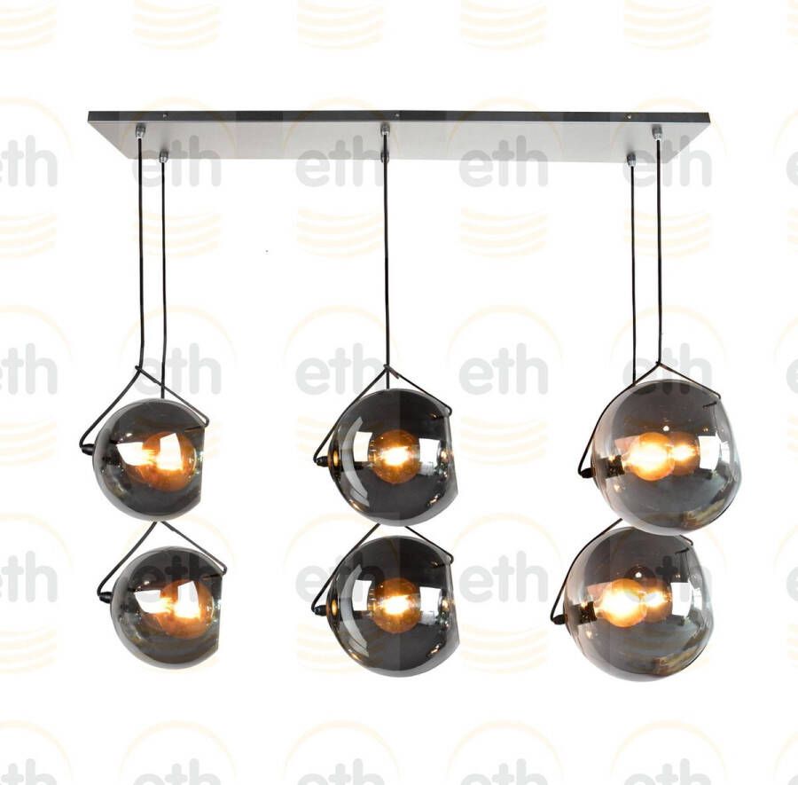 ETH verlichting | ETH Orb Balk Hanglamp 6x E27 Smoke Glas 2x20+25cm+30cm Glas Zwart 130x30cm (BESTAAT UIT 2 DOZEN) | Woonaccessoires | Hanglamp