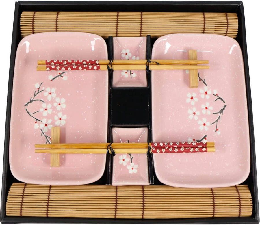 Exzact 10-delige sushi-set 2 x sushi-borden 2 x dipkommen 2 x bamboe-placemats 2 x bamboe-eetstokjes 2 paar eetstokjes hoogwaardig porselein prachtig gepresenteerd in geschenkdoos