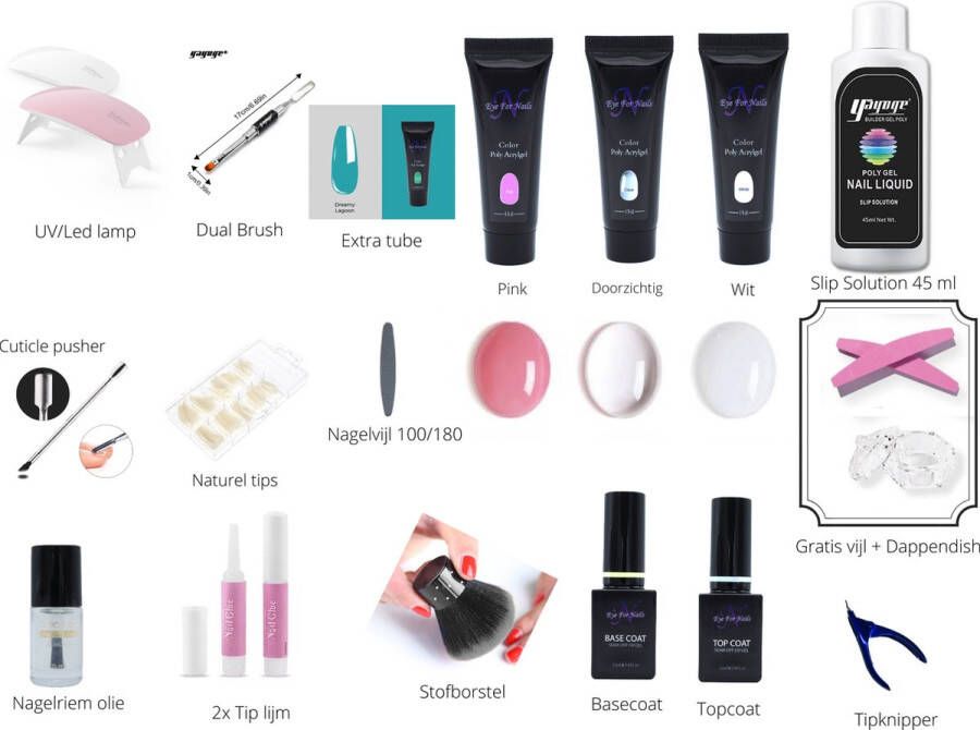 Polygel Kit mini uv led lamp 3 Kleuren roze wit clear 15g