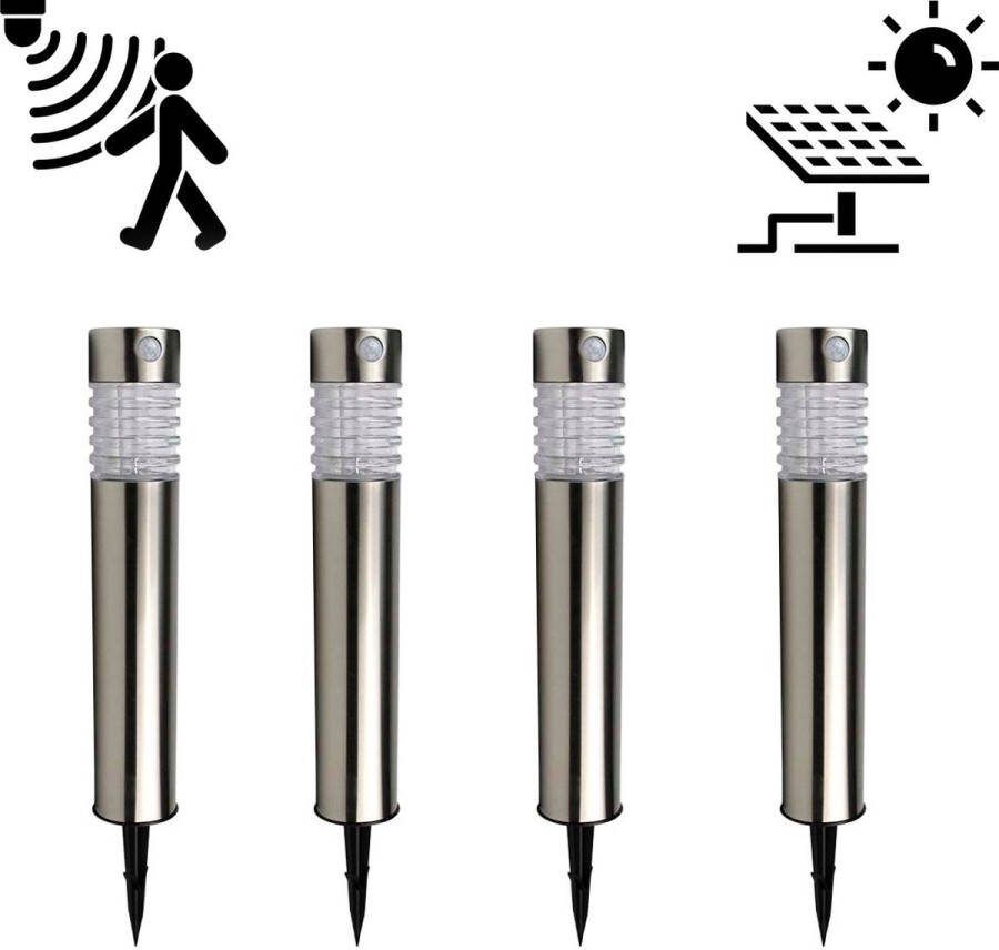 EZMarkt 4 Stuks Padverlichting Solar Tuinpaal Zonne-energie Bewegingssensor & daglicht sensor RVS IP44