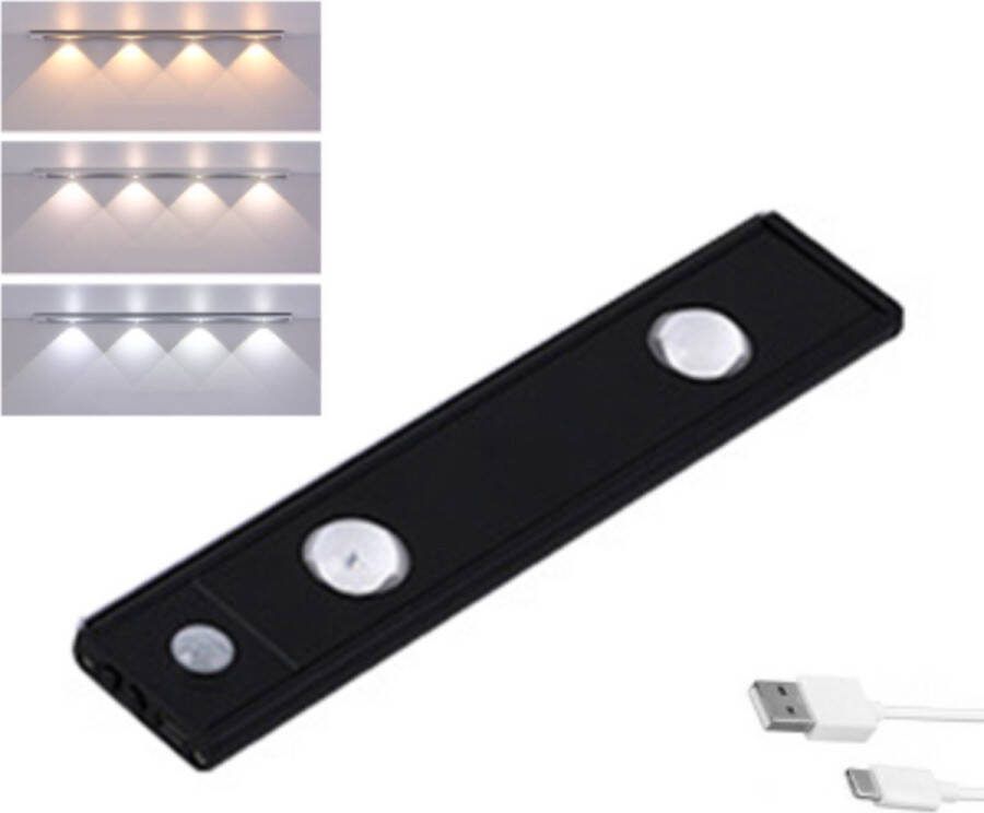 EZMarkt LED lamp 20cm met bewegingssensor 3 kleuren(warm wit en koud wit) USB Aluminium Magnetisch Zwart