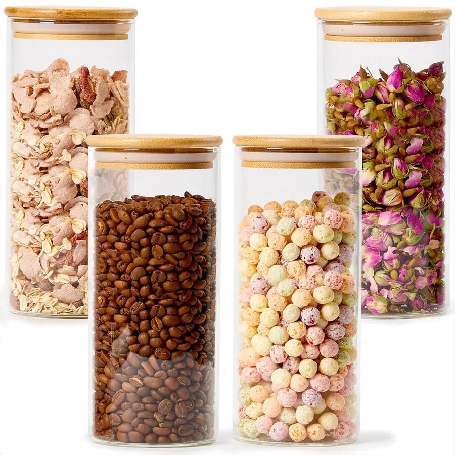 EZOWare Set van 4 hoge borosilicaatglazen potten met luchtdichte natuurlijke bamboe deksels heldere decoratieve voedselbus opslagcontainer set voor thuis keuken pantry (900 ml)