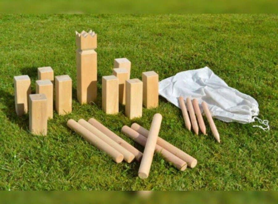 F2Goods Kubb spel kubben houten spel buitenspel camping campingspellen koning 30cm hoog