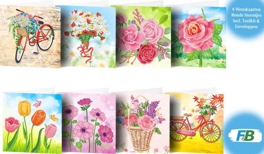 F4B 8-Delige Bloemenkaarten (4) Diamond Painting 15x15cm Ronde Steentjes Met Enveloppen Bloemen Kaartenset Rozen Tulpen Kinderen Pakket Volwassenen en Kinderen
