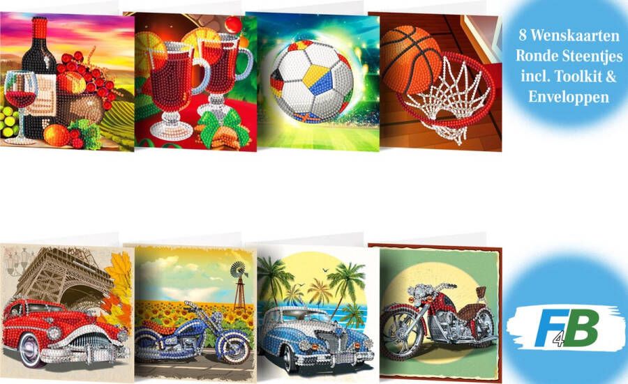 F4B 8-Delige Wenskaarten (4) Diamond Painting 15x15cm Ronde Steentjes Met Enveloppen Verjaardagskaarten Kaartenset Cards Sporten Voetbal Motor Auto Happy Birthday Kinderen Pakket Volwassenen en Kinderen