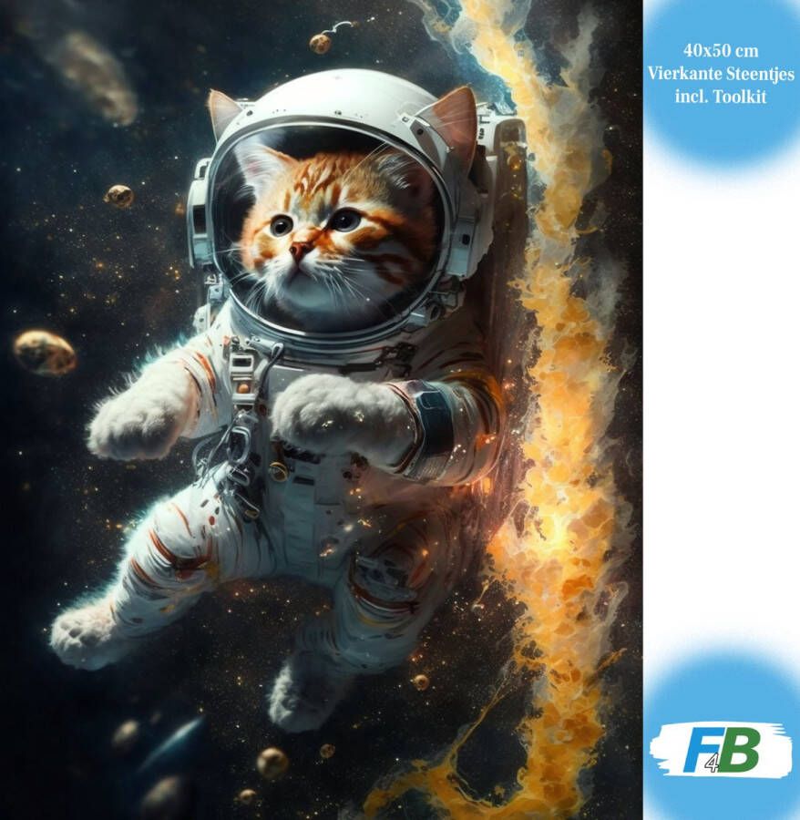 F4B Kat in de Ruimte Diamond Painting 40x50cm Vierkante Steentjes Dieren Poes Katten Planeten Diamond Painting Pakket Volwassenen Kinderen Volledig Dekkend