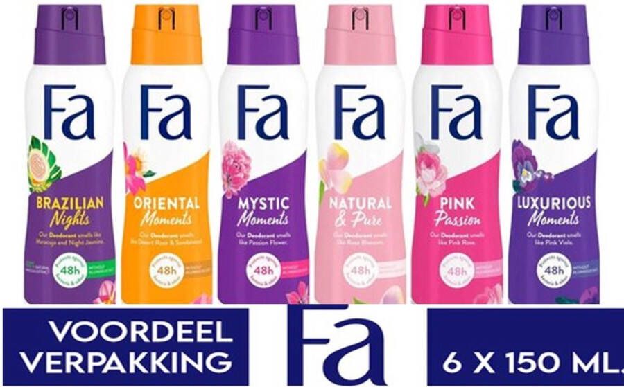 Fa Deodorant 6 x 150 ml Voordeelverpakking Try Out Pakket Mystic Oriental Pink Luxurious Natural & Brazilian