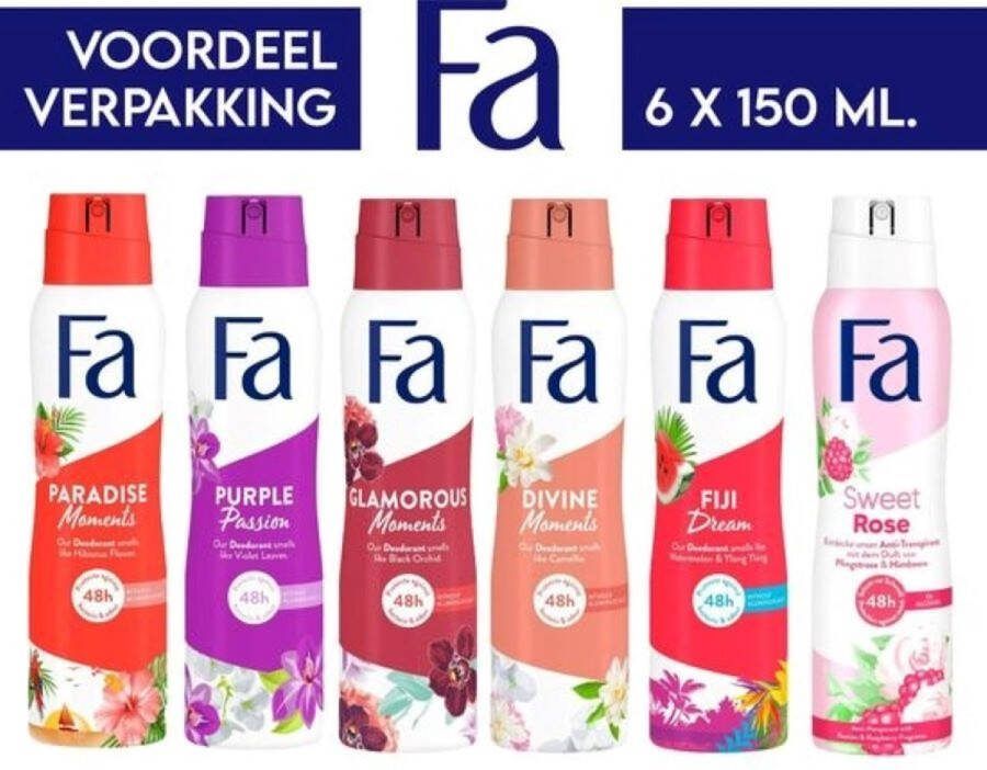 Fa Deodorant 6 x 150 ml Voordeelverpakking Try Out Pakket Paradise Moments Purple Passion Glamorous Moments Divine Fiji & Sweet Rose