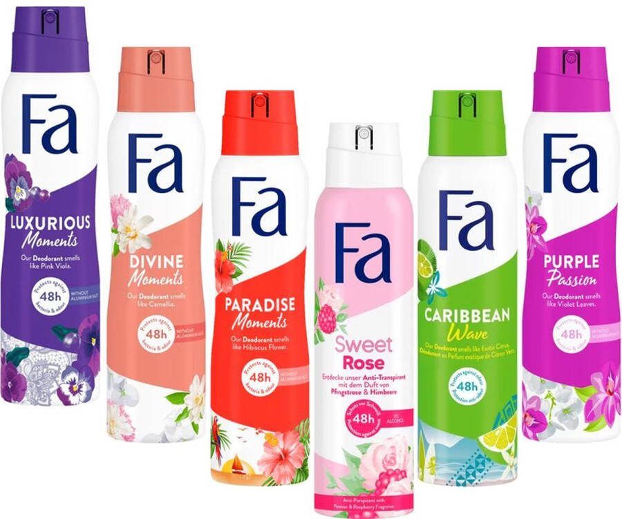 Fa Deodorant 6 x 150 ml Voordeelverpakking Try Out Pakket Purple Carribean Sweat Rose Paradise Luxurious & Divine Moments