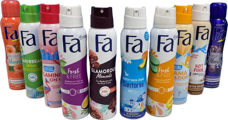 Fa Deodorant Spray 10 Stuks Voordeelverpakking Caribbean Luxurious Moments Flamingo Komkommer & Meloen | Paradise Winter Lama Glamorous Orchidee Passievrucht Santorini