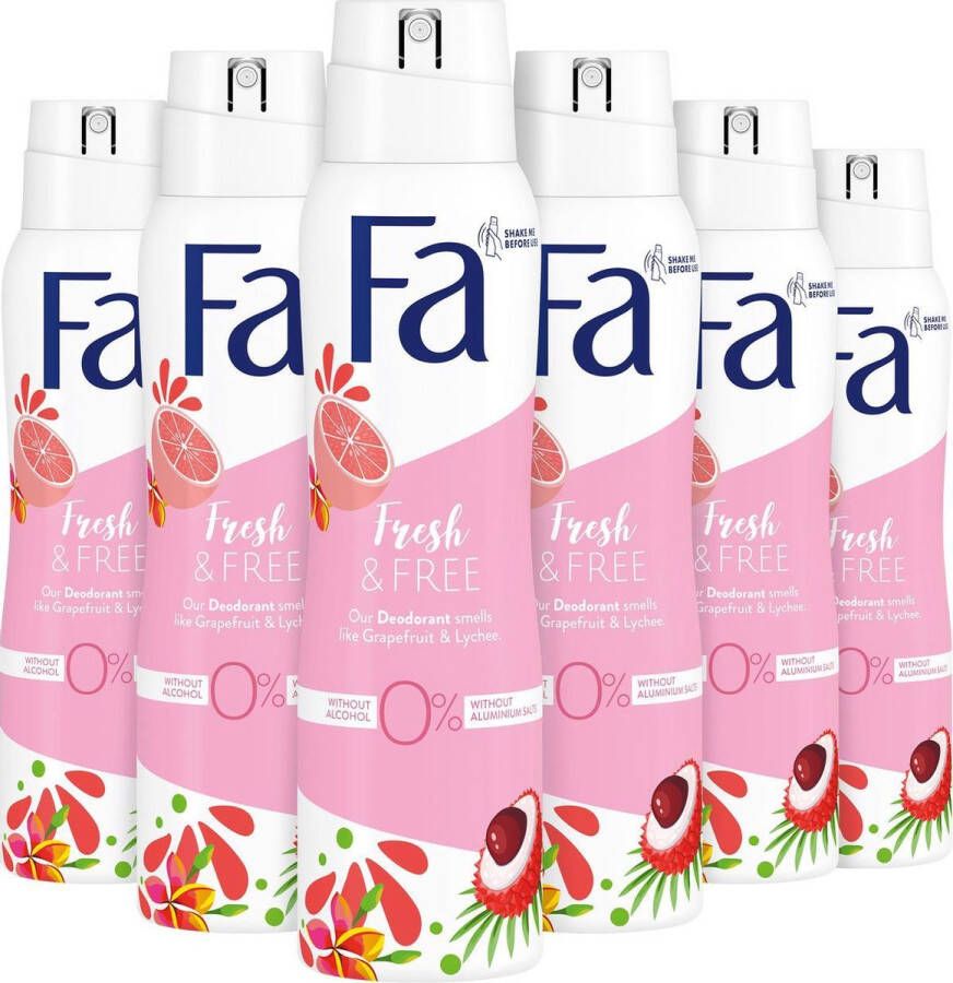 Fa Fresh & Free Grapefruit & Lichee Deodorant Spray Voordeelverpakking 6 x 150 ml