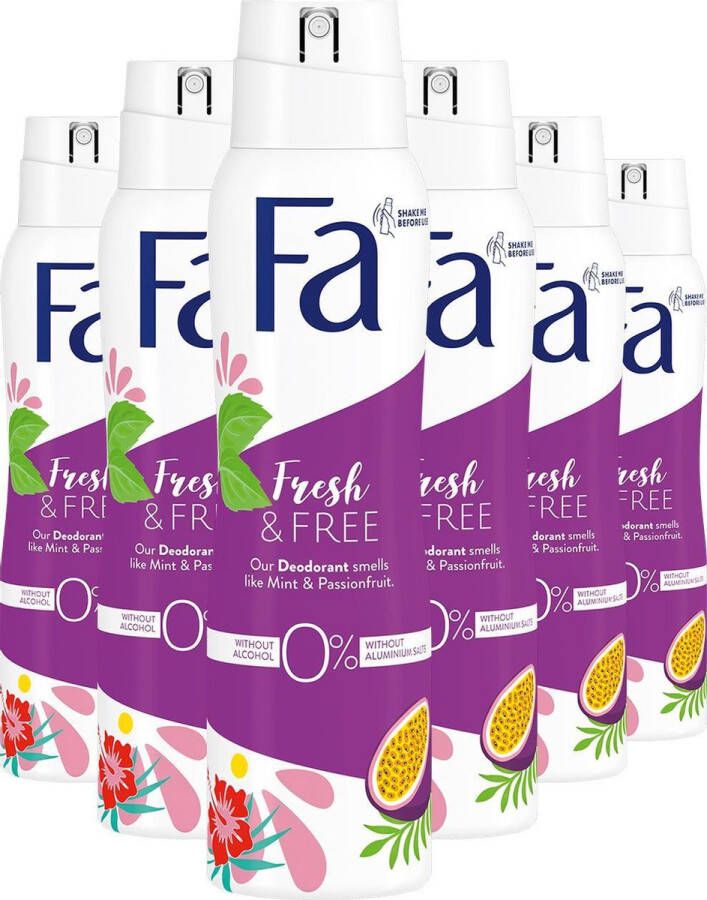 Fa Fresh & Free Mint & Passionfruit Deodorant Spray Voordeelverpakking 6 x 150 ml